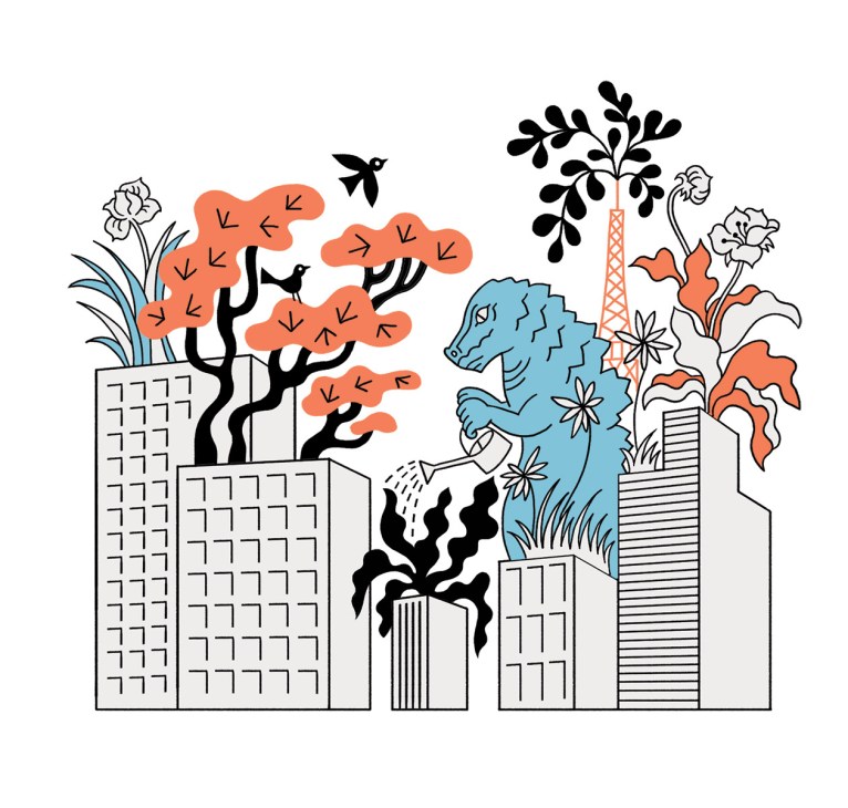 Illustration of urban buildings with colorful plants and flowers growing from rooftops and structures.