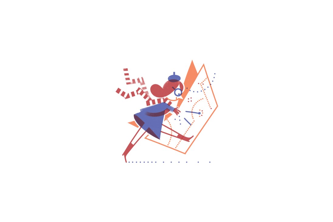 Illustration of a person holding a neighborhood map with navigation elements and directional markers.