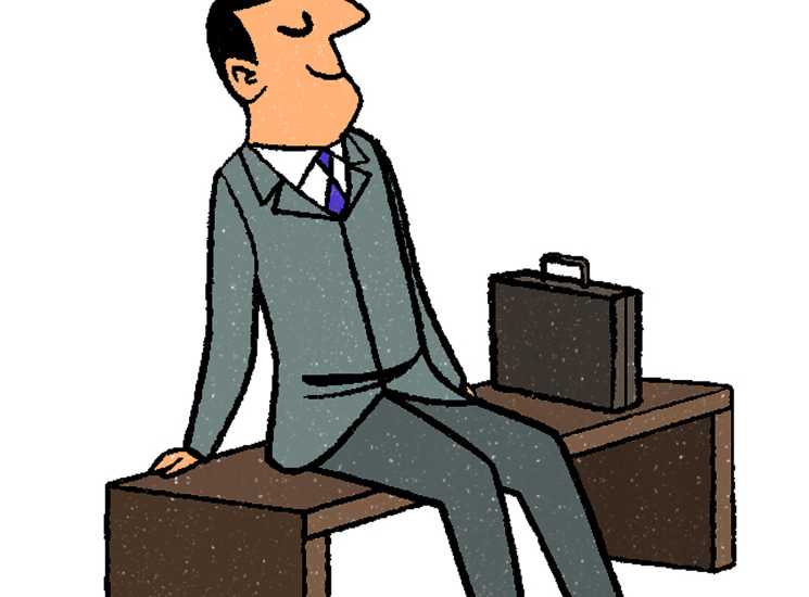 Illustration of a businessman in a gray suit sitting on a wooden bench with a briefcase beside him.