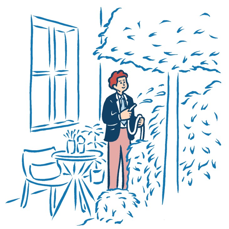 Illustration of a person standing by a window with plants and trees visible outside.