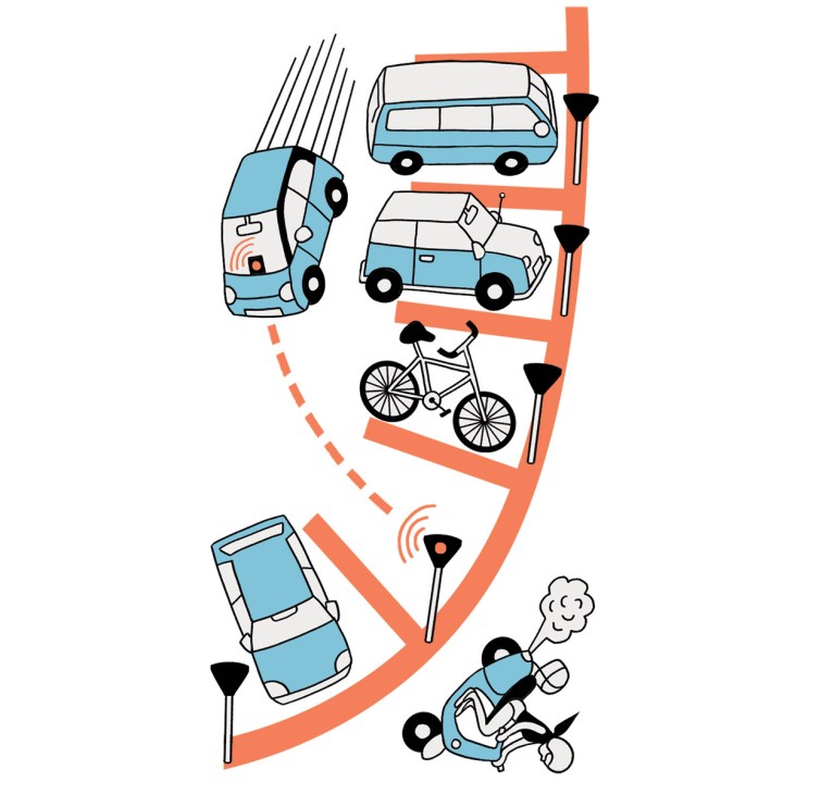 Illustration of various vehicles including cars, a van, a bicycle, and parking meters along an orange directional path.