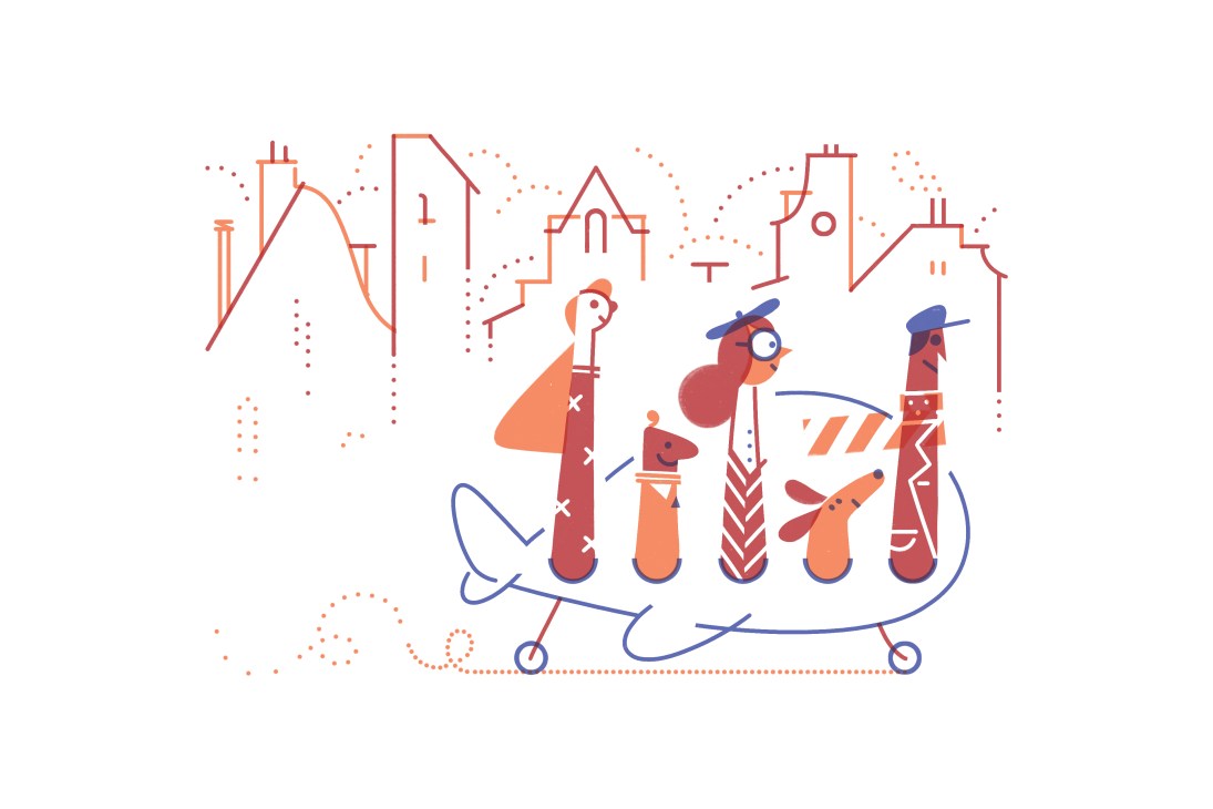 Illustration of colorful abstract tools and building figures against a cityscape silhouette.