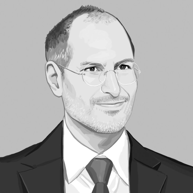 Portrait illustration of Steve Jobs wearing glasses, beard, and business suit with tie.
