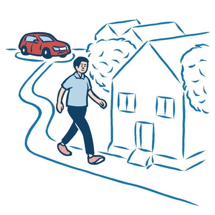 Illustration of a man walking away from a house with a parked red car in the driveway.