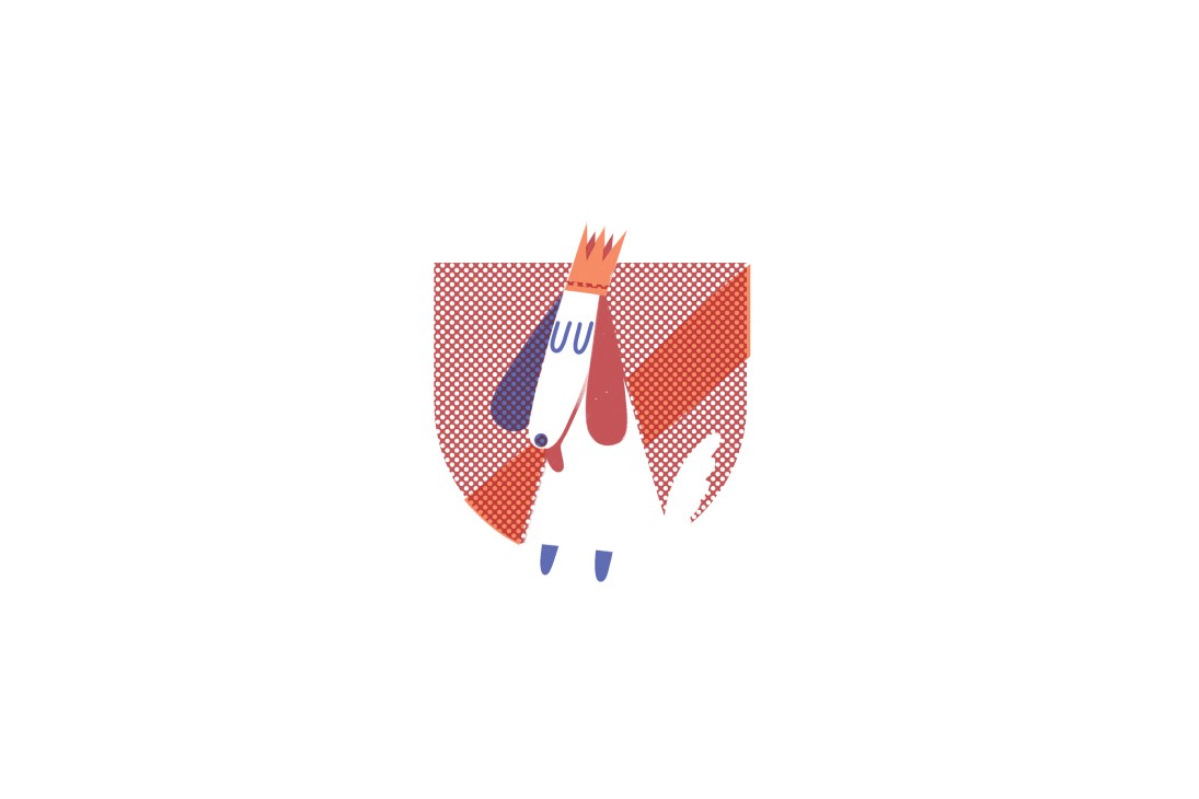 Illustration of a stylized figure wearing a red and white outfit with a crown, representing a city emblem or mascot.