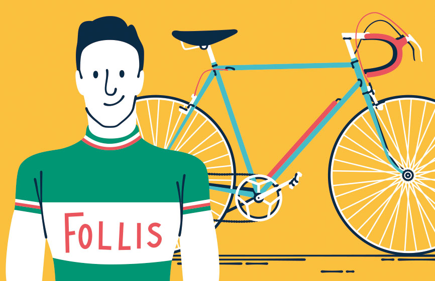 Illustration of cyclist in green and white Follis jersey standing next to a blue racing bicycle against a yellow background.