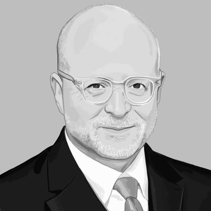 Portrait illustration of a bald man with glasses and beard wearing a dark suit and tie.