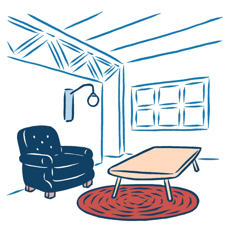 Illustration of a bright room with natural light, featuring a dark armchair, wooden table, window, and red circular rug.