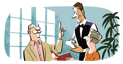 Illustration of a hotel concierge assisting two guests in a lobby with tropical plants.