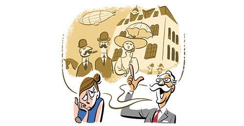 Illustration of hotel guests and staff interacting in a lobby with historic architecture in background