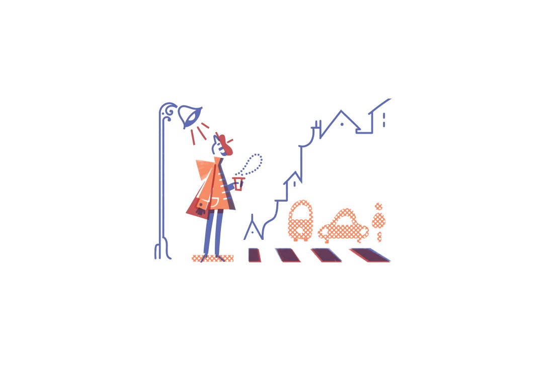 Illustration of a person watering flowers by buildings with a watering can.