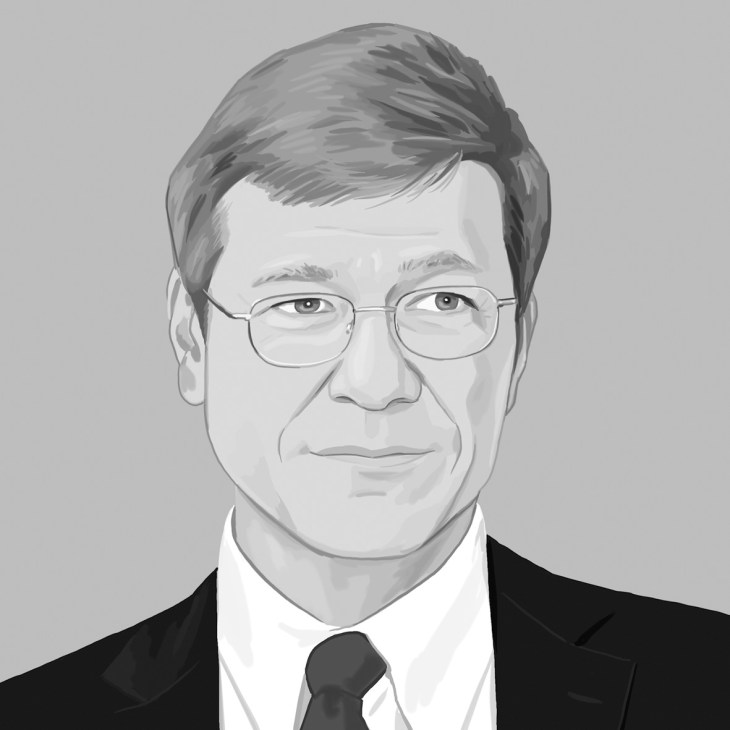 Illustration of Jeffrey Sachs, director of The Earth Institute, wearing glasses and business attire.
