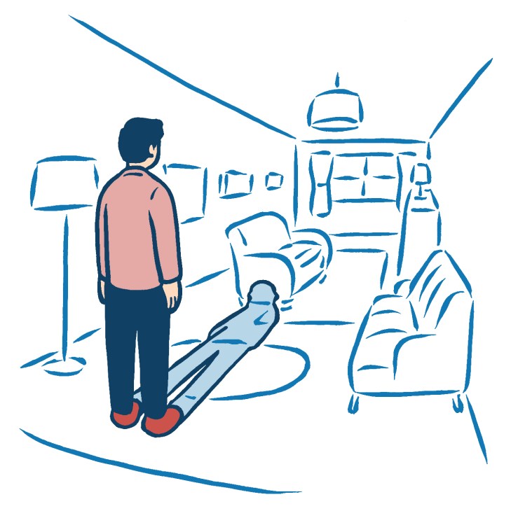 Illustration of a person standing in a room with furniture and windows, depicting interior space design.