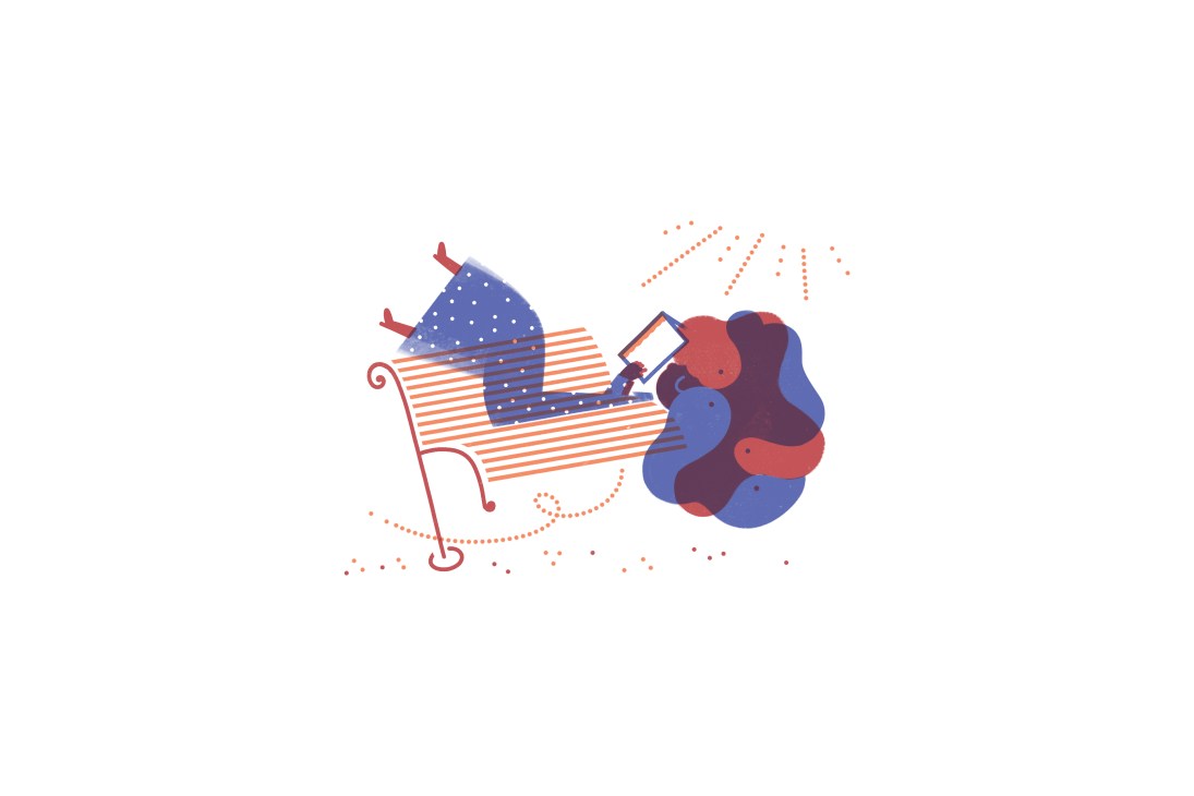 Illustration of a person on a rotating park bench following the sun.