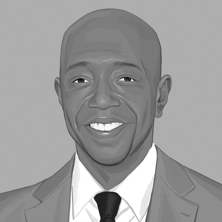 Illustration of Russell Simmons, co-founder of Def Jam Recordings, wearing a gray suit and black tie.