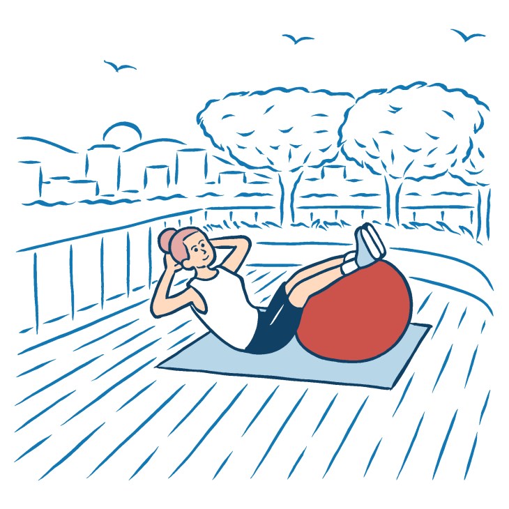 Illustration of a person exercising on a rooftop with a scenic rural landscape in the background.