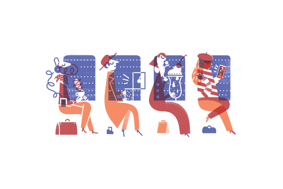 Illustration of four stylized figures engaging in various commuting and leisure activities with bags and accessories.