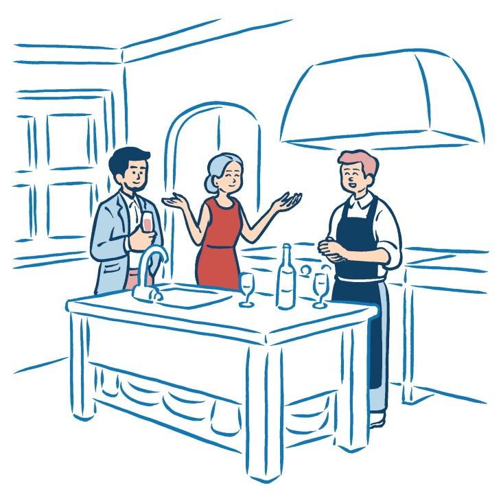 Illustration of three people gathered around a kitchen counter with drinks and food, conversing under a skylight.