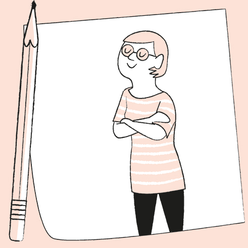Line drawing illustration of a person wearing glasses and striped shirt with arms crossed