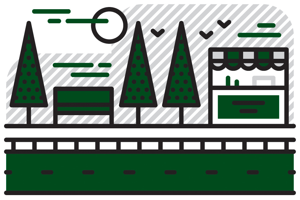 Illustration of a narrow laneway with trees, benches, a storefront and street-level retail opportunities.