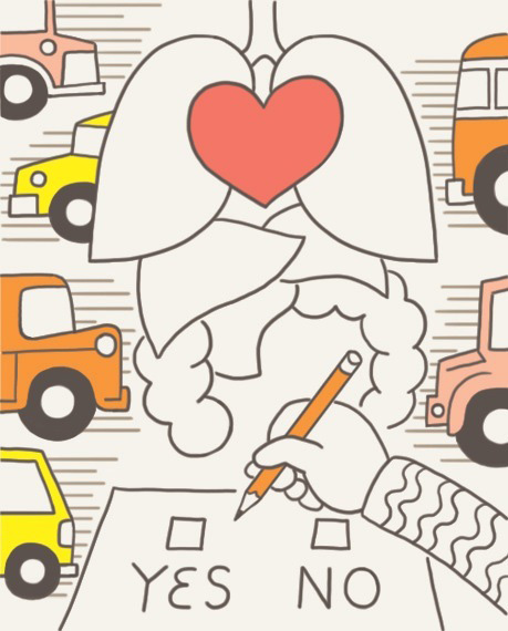 Illustration of lungs with a heart, holding a pen over yes/no checkboxes, surrounded by vehicles representing organ donation decision-making.