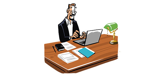 Illustration of a man in business attire working at a wooden desk with a laptop and papers.