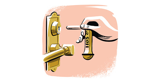 Illustration of a hand turning a brass door lock and key mechanism on a wooden door.