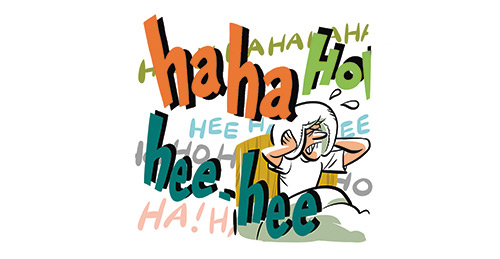 Illustration of a laughing figure surrounded by colorful text saying 'haha' and 'hee hee'.