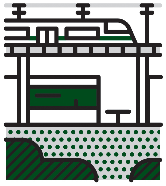 Illustration of a train on elevated tracks above ground-level retail spaces and green areas.
