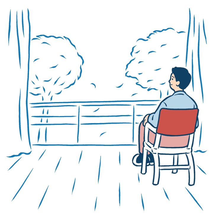 Illustration of a person sitting on a chair facing large windows with a view of trees and clouds.