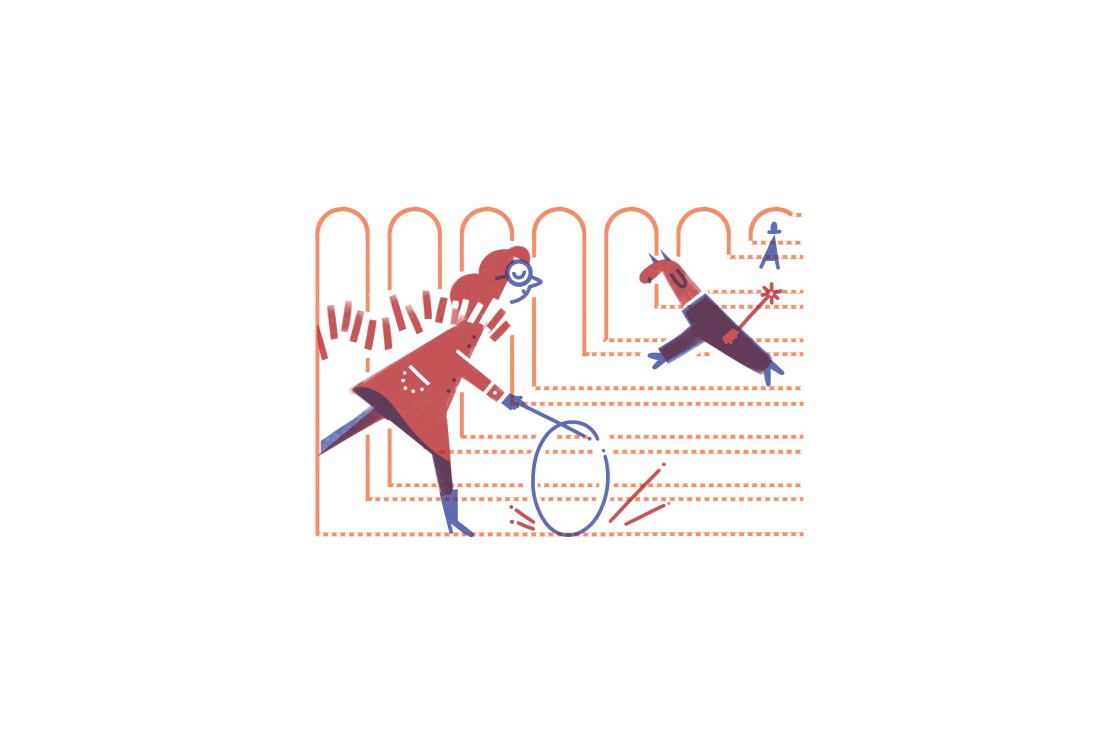 Illustration of people walking through a covered arched galleria with dotted grid lines suggesting urban planning.
