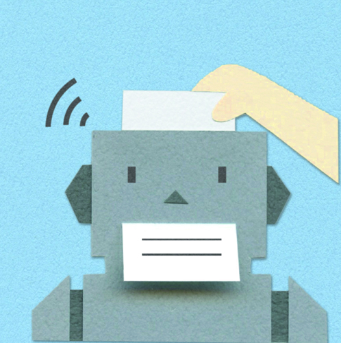 Stylized illustration of a robot with a hand inserting paper, with signal waves indicating communication
