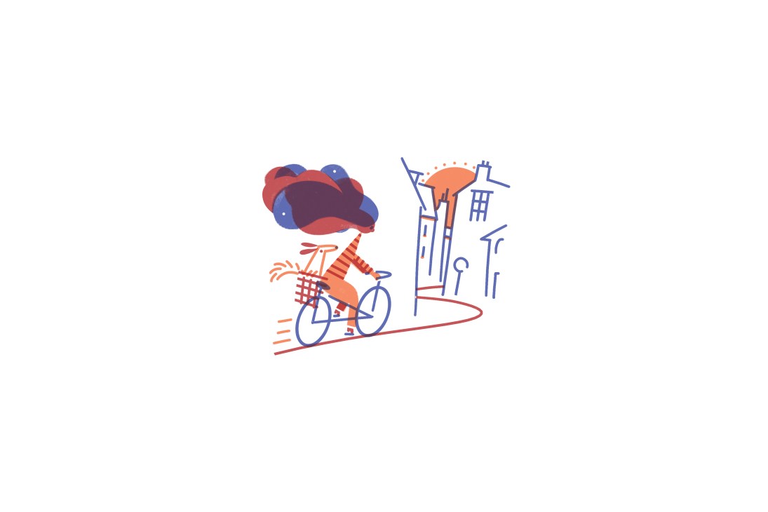 Illustration of a person cycling on a curved path toward buildings under a sun.