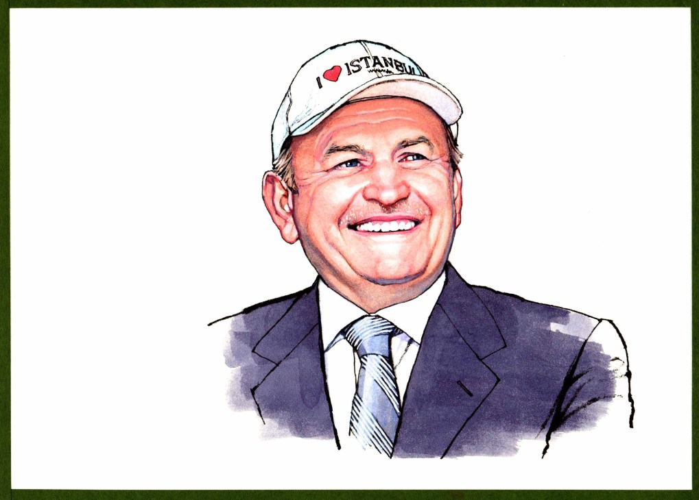 Illustration of Kadir Topbas, Istanbul mayor, wearing a white cap with an Istanbul heart logo and dark suit.