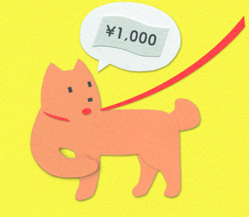 Cartoon illustration of orange dog with speech bubble showing ¥1,000 price tag