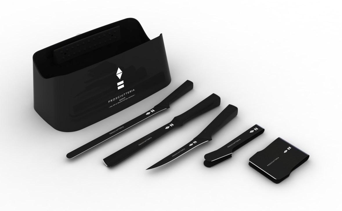 King's Proscuitteria knife and accessories set by Luca Nichetto in black with branded holder.