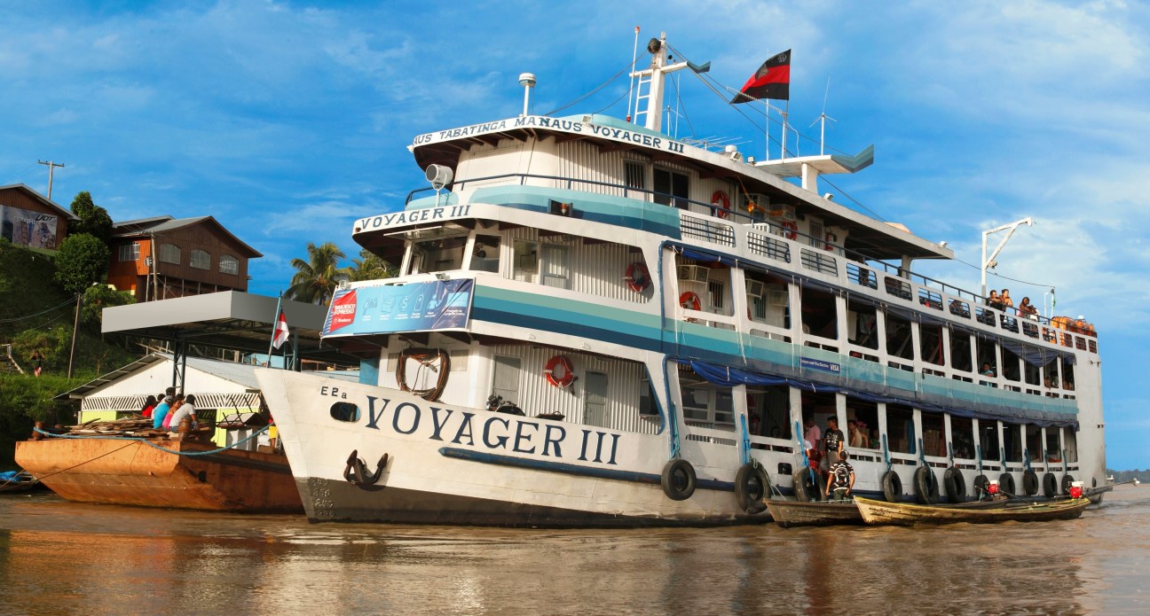 Bradesco's Voyager III, a three-deck riverboat transformed into a floating bank branch on the Amazon River.