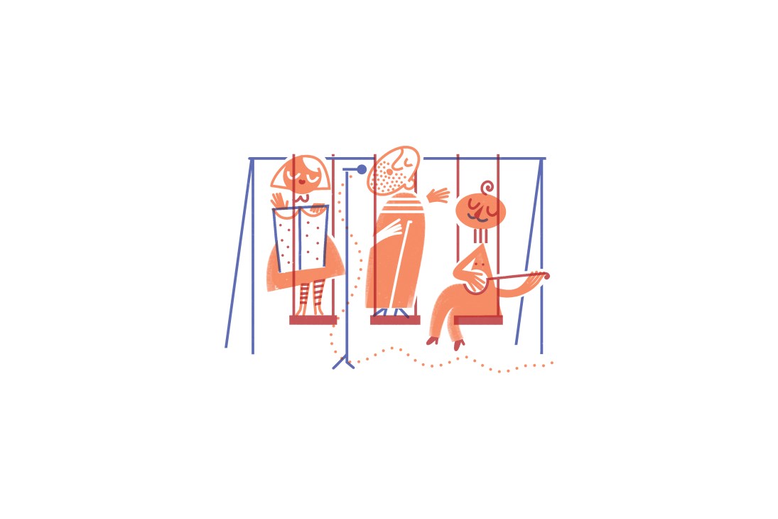 Illustration of children playing on swings in a playground with colorful figures in orange and blue tones.
