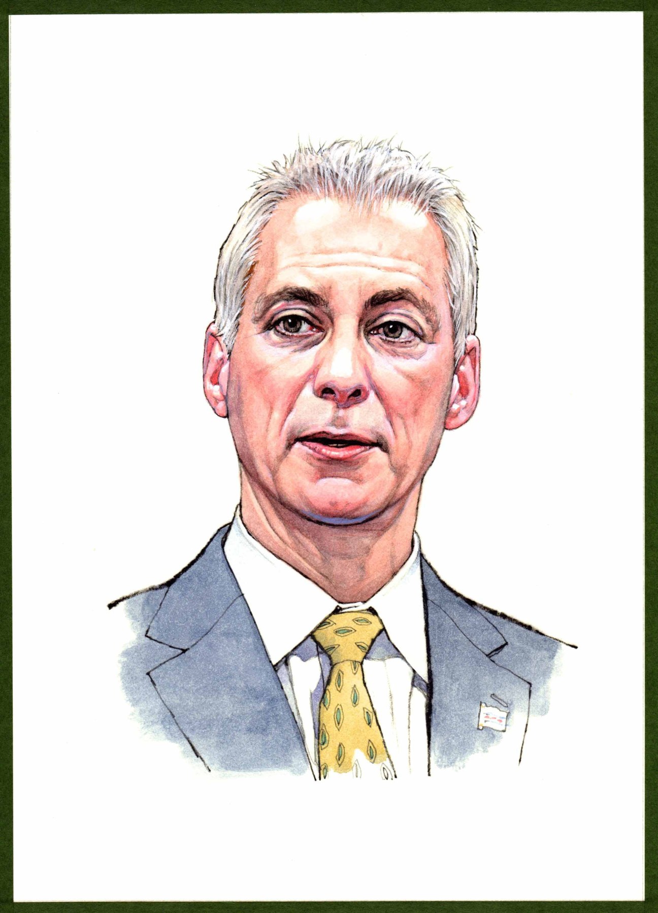 Portrait illustration of Rahm Emanuel, mayor of Chicago, wearing a gray suit and yellow patterned tie.