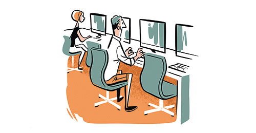 Illustration of two office workers at desks with computers in a hotel business center.