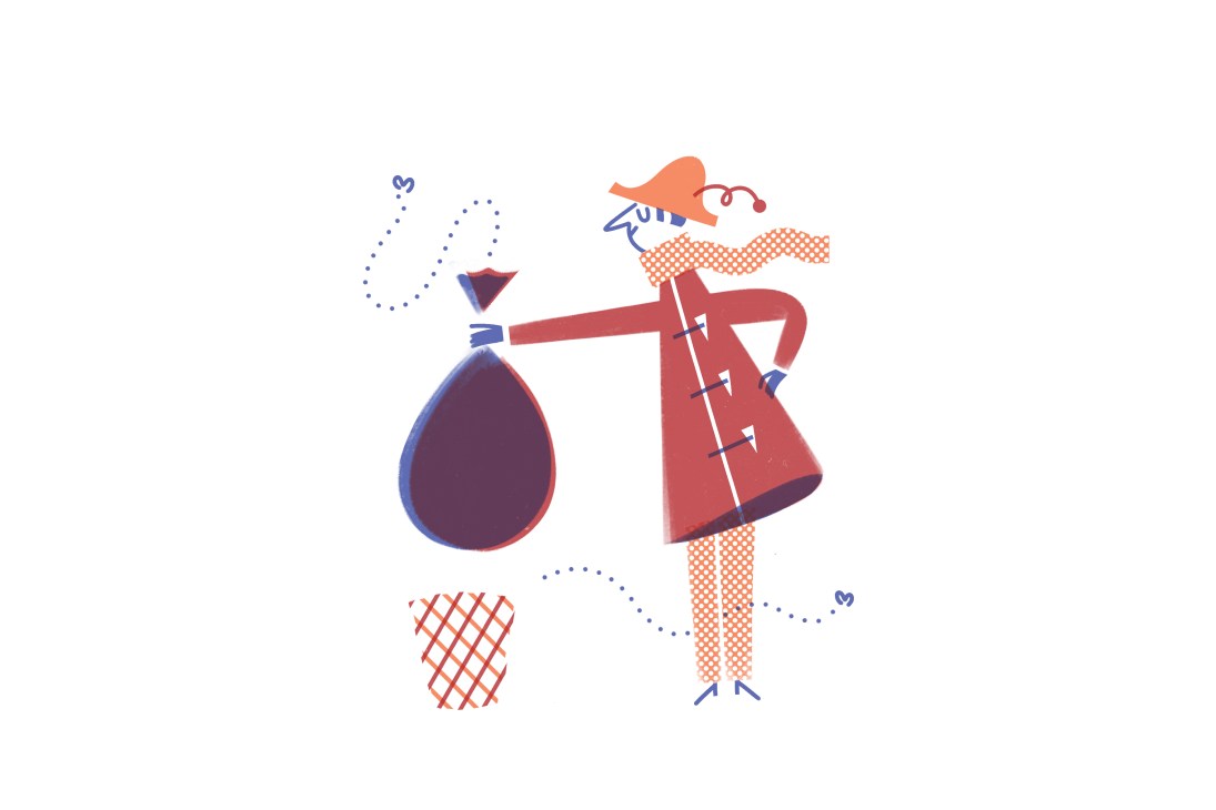 Illustration of a woman in a red coat holding a large dark red teardrop shape representing urban renewal improvements.