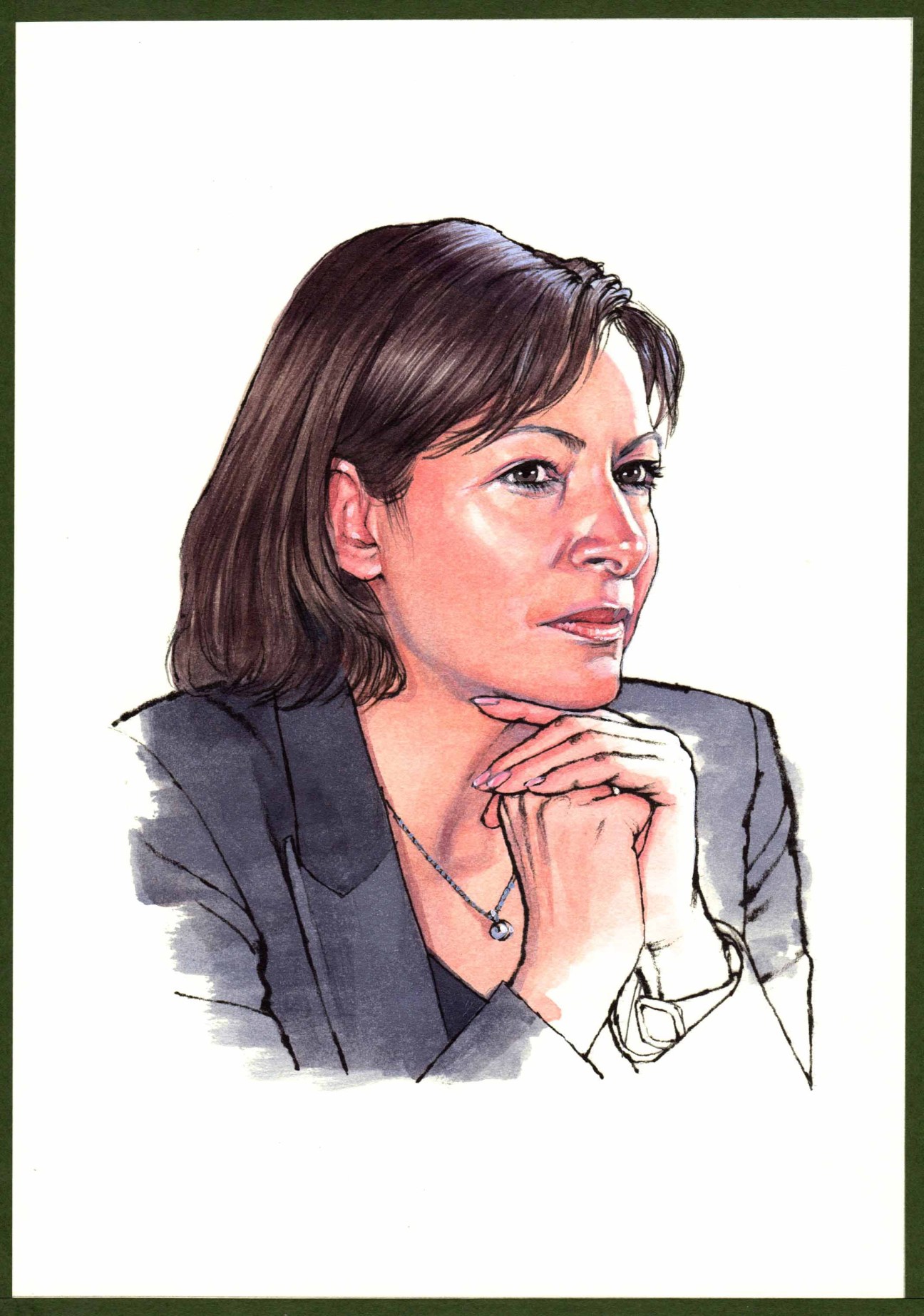 Portrait illustration of Anne Hidalgo, Paris mayor, wearing a grey blazer with hand near chin.