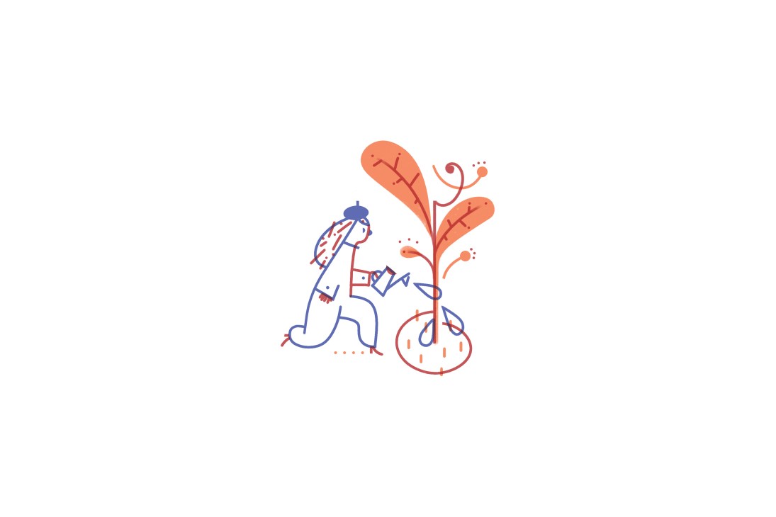Illustration of a person watering an orange plant with a watering can.