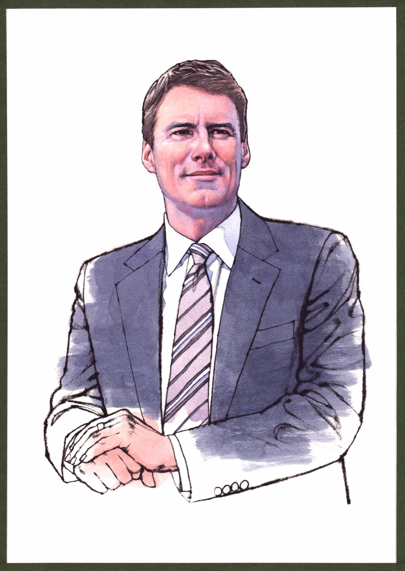 Portrait illustration of a man in a dark business suit and striped tie.
