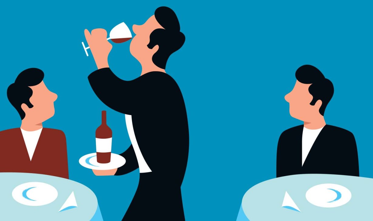Illustration of a waiter serving wine to two diners at a table against a blue background.