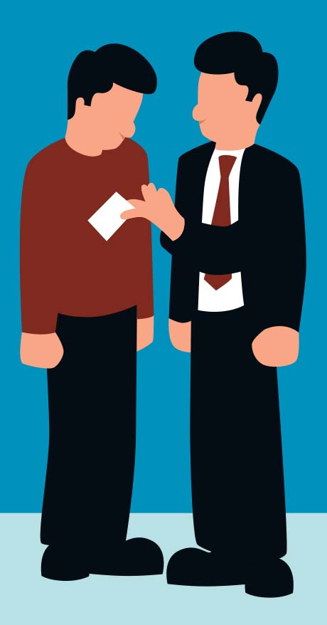 Illustration of two men exchanging a business card, one in casual wear and one in formal business attire.