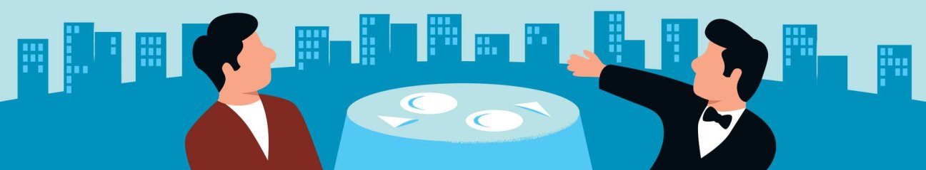 Illustration of two men in business attire conversing at a table with a city skyline behind them.