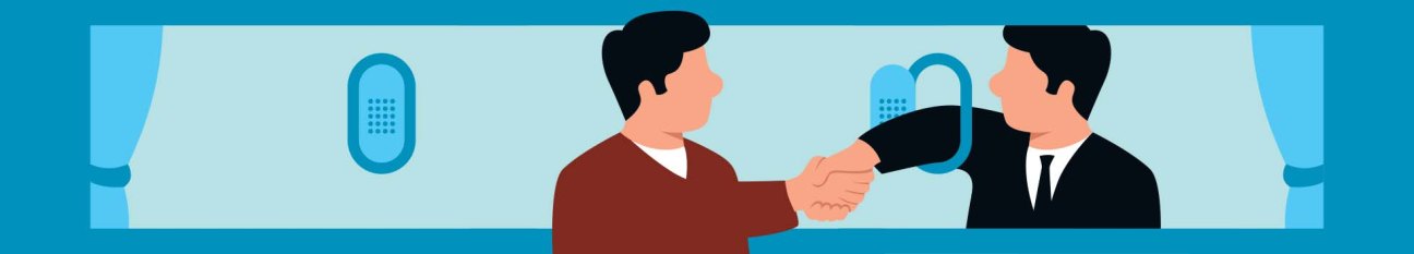 Illustration of two men shaking hands in a modern office setting with blue tones.