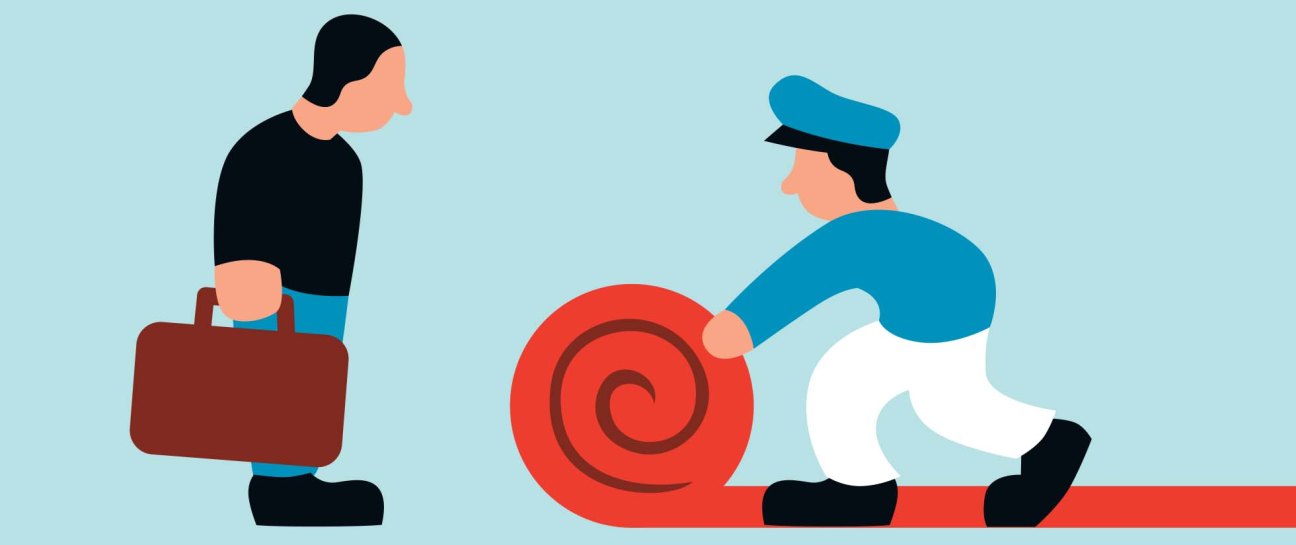 Illustration of a traveler with luggage meeting a uniformed airport worker.