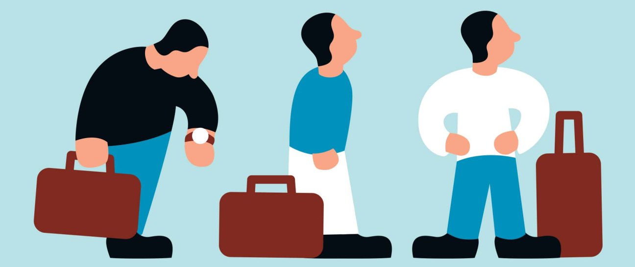 Illustration of three travelers with luggage in different poses on a light blue background.